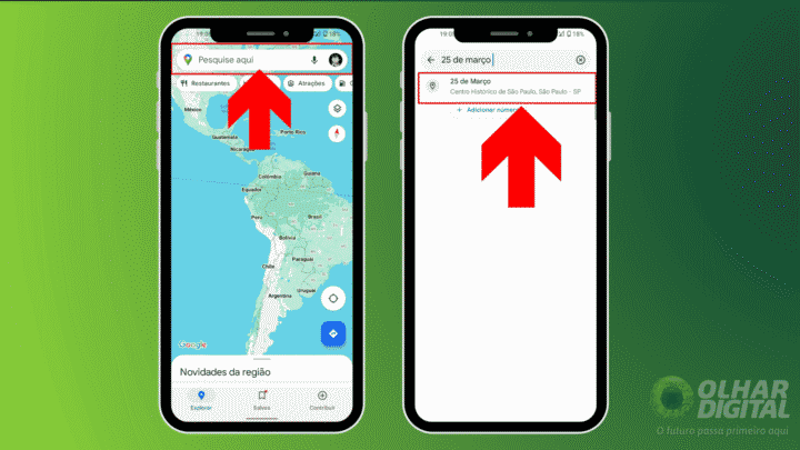 imagem mostra a barra de busca do app do google maps e o endereço de um local