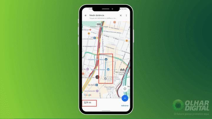 imagem mostra a distância de um ponto a outra que foi medida pelo app google maps