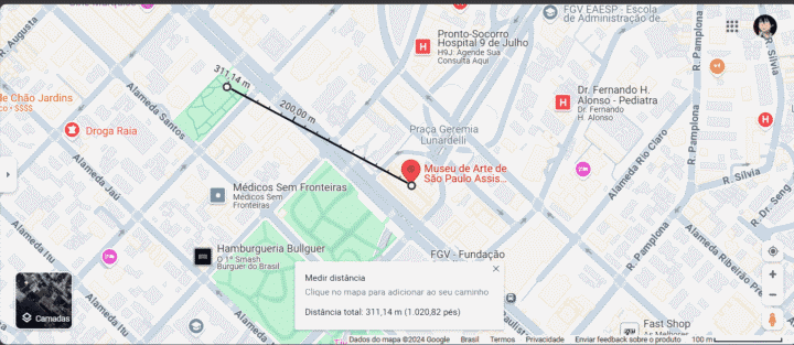 imagem mostra a distância de um ponto a outro calculada pelo google maps