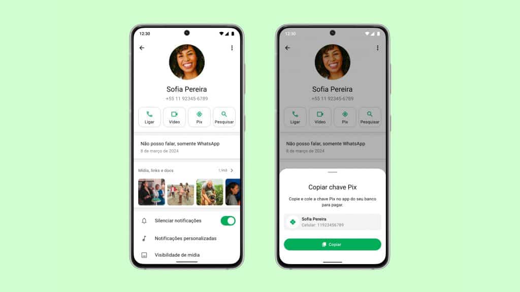 Montagem mostrando botão de Pix no perfil do WhatsApp num celular