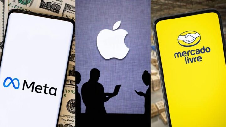 Montagem com imagens de celulares com as logomarcas da Meta e do Mercado Livre e de silhuetas de pessoas usando aparelhos embaixo de logomarca da Apple