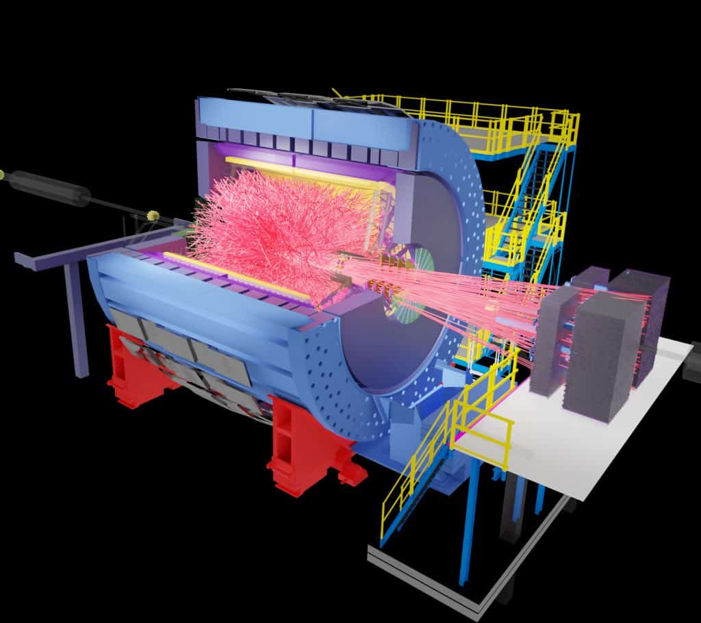 Partículas emitidas por uma colisão ouro-ouro no RHIC quando chegam aos componentes do detector STAR