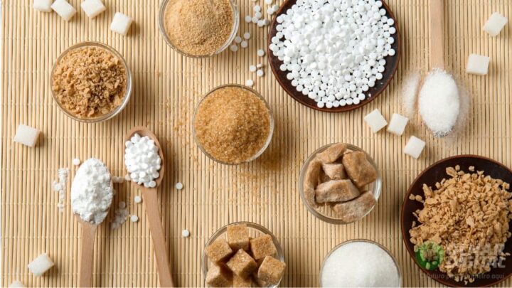 Variedades de açúcar dispostas sobre a mesa.