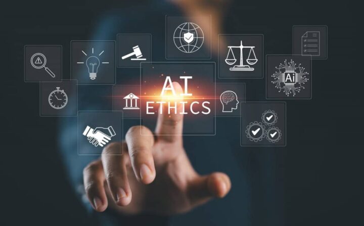 Ícones de um martelo de juiz, lâmpada, mãos se cumprimentando, cérebro humano, chip de IA e outros rondando os dizeres "AI Ethics", que está sendo tocado por um dedo humano