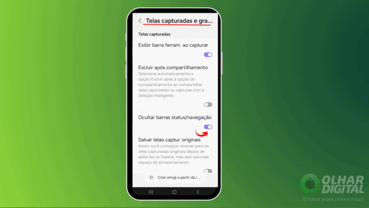 Captura de tela para explicar funções ocultas de celular Samsung, como ocultar barra de status
