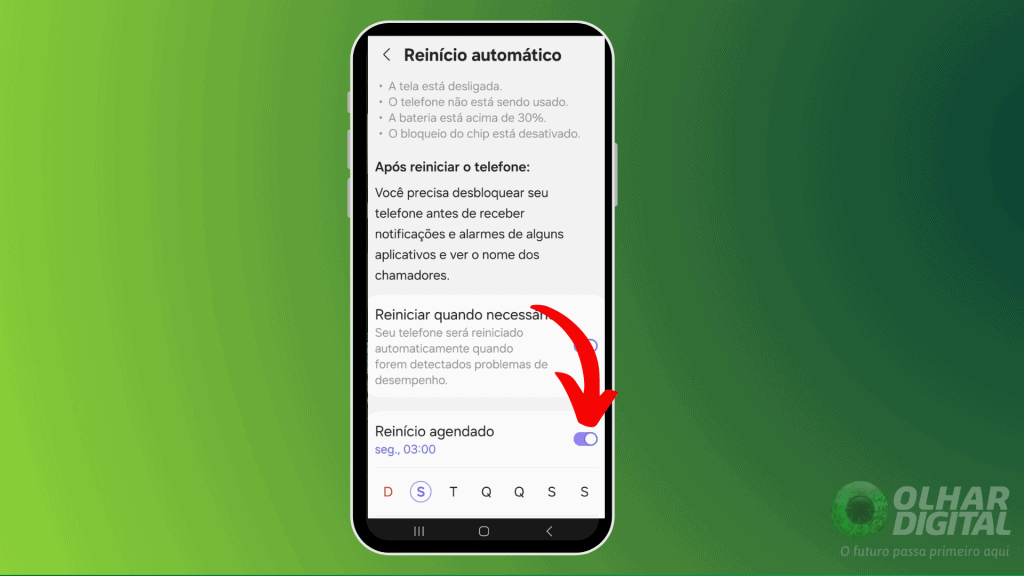 Captura de tela para funções do celular Samsung, como o reinício automático