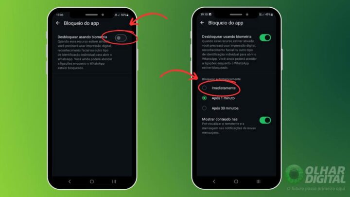Montagem com duas capturas de tela das configurações de privacidade do WhatsApp no Android. À esquerda, um círculo vermelho destaca a chave para ativar a opção "Desbloquear usando biometria". À direita, a tela seguinte mostra a opção "Imediatamente" selecionada e destacada em vermelho dentro do menu "Bloquear automaticamente". No canto inferior direito, vê-se a marca d'água do Olhar Digital.