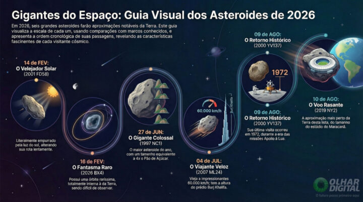 Infográfico cronológico intitulado "Gigantes do Espaço" mostra a linha do tempo dos seis asteroides que se aproximam da Terra em 2026. O gráfico ilustra visualmente o tamanho de cada rocha comparando-as com marcos terrestres: o asteroide 1997 NC1 aparece ao lado de quatro Pães de Açúcar empilhados; o 2007 ML24 ao lado do Burj Khalifa; e o 2019 NY2 sobre o estádio do Maracanã. Também inclui ícones representando o asteroide "solar", o "fantasma" de órbita interna e o visitante da era Apollo.