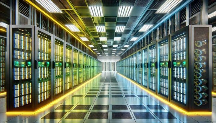 Imagem mostra um data center com as cores da bandeira do Brasil