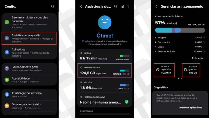 Passos para conferir o armazenamento do Galaxy