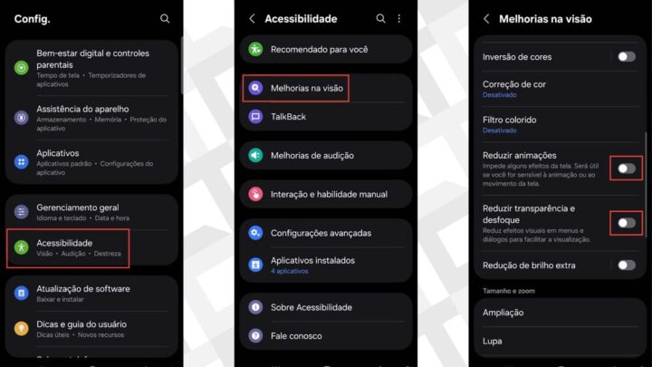 Passos para reduzir animações, desfoques e transparência no Samsung Galaxy