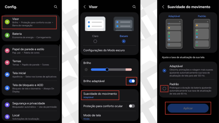 Passos para ajustar o brilho e movimento do Galaxy
