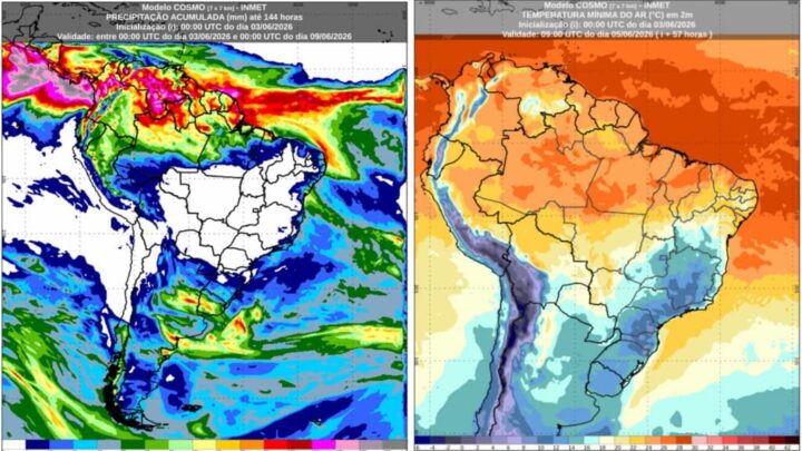 Montagem com mapas meteorológicos publicados pelo Inmet com a previsão do tempo para entre os dias 4 e 8 de junho de 2026