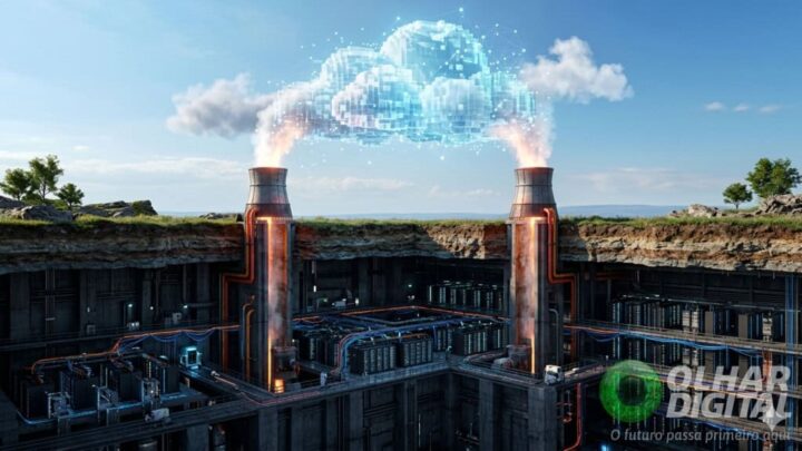 Ilustração de chaminés industriais de data center alimentando nuvem digital no céu