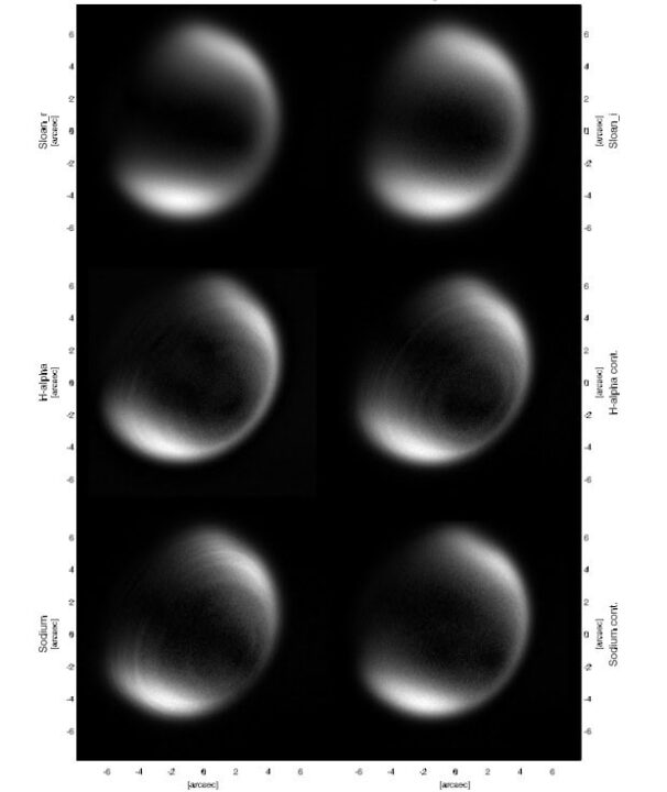 Imagens de Vênus captadas pelo Extreme Polarimeter (ExPo) em seis filtros diferentes durante a observação de 2010. Os anéis concêntricos são visíveis nas três primeiras imagens da sequência e desaparecem nas três últimas, quando as condições atmosféricas haviam piorado