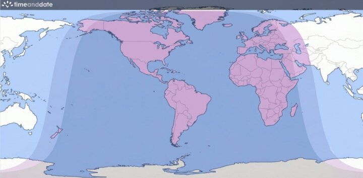 Mapa de visibilidade do eclipse lunar parcia de agosto de 2026.