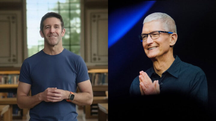 Montagem com imagens de John Ternus e Tim Cook