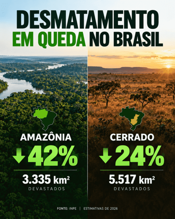 Desmatamento no Brasil em queda histórica tanto na Amazônia quanto no Cerrado.