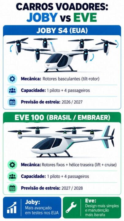 Infográfico sobre carros voadores da Joby Aviation e da Eve Air Mobility, braço da Embraer