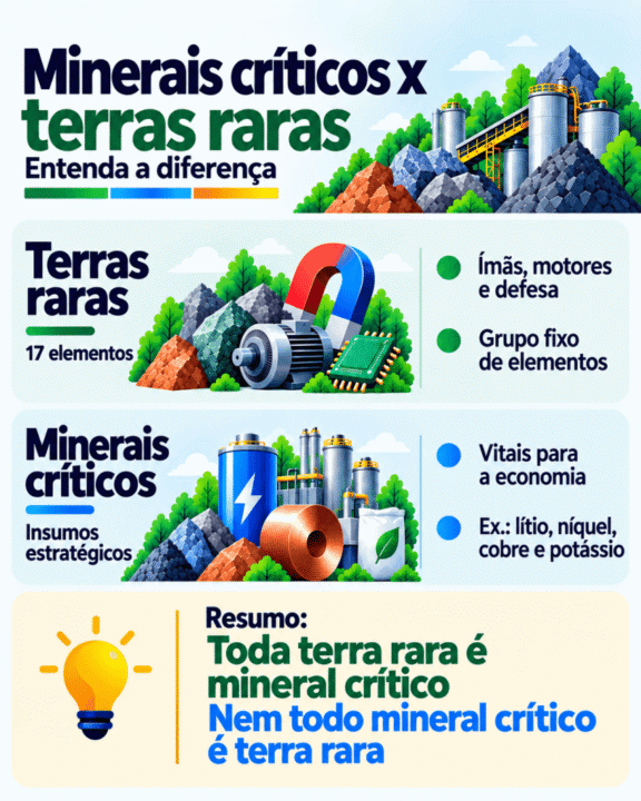 Diferenças entre minerais críticos e terras raras.