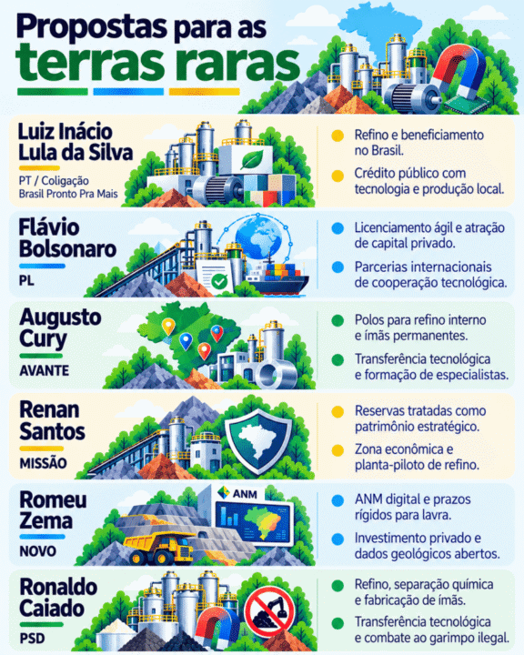 Infográfico resume as propostas dos candidatos à Presidência para o desenvolvimento da cadeia de terras raras no Brasil.